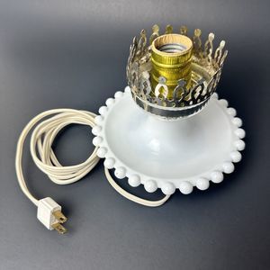 Vintage Milk Glass Table Lamp Ring Base Works Classic Elegant Boho Patina Metal